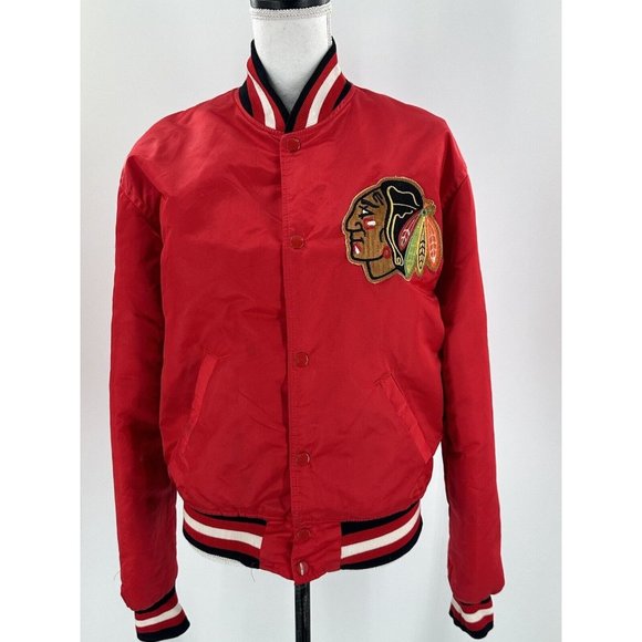 Starter Jacket Chicago Blackhawks Red Satin Snap Front NHL Unisex Medium